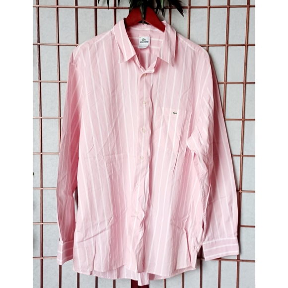 Lacoste Men's Pink/White Striped Button-Down Shirt - Picture 16 of 16